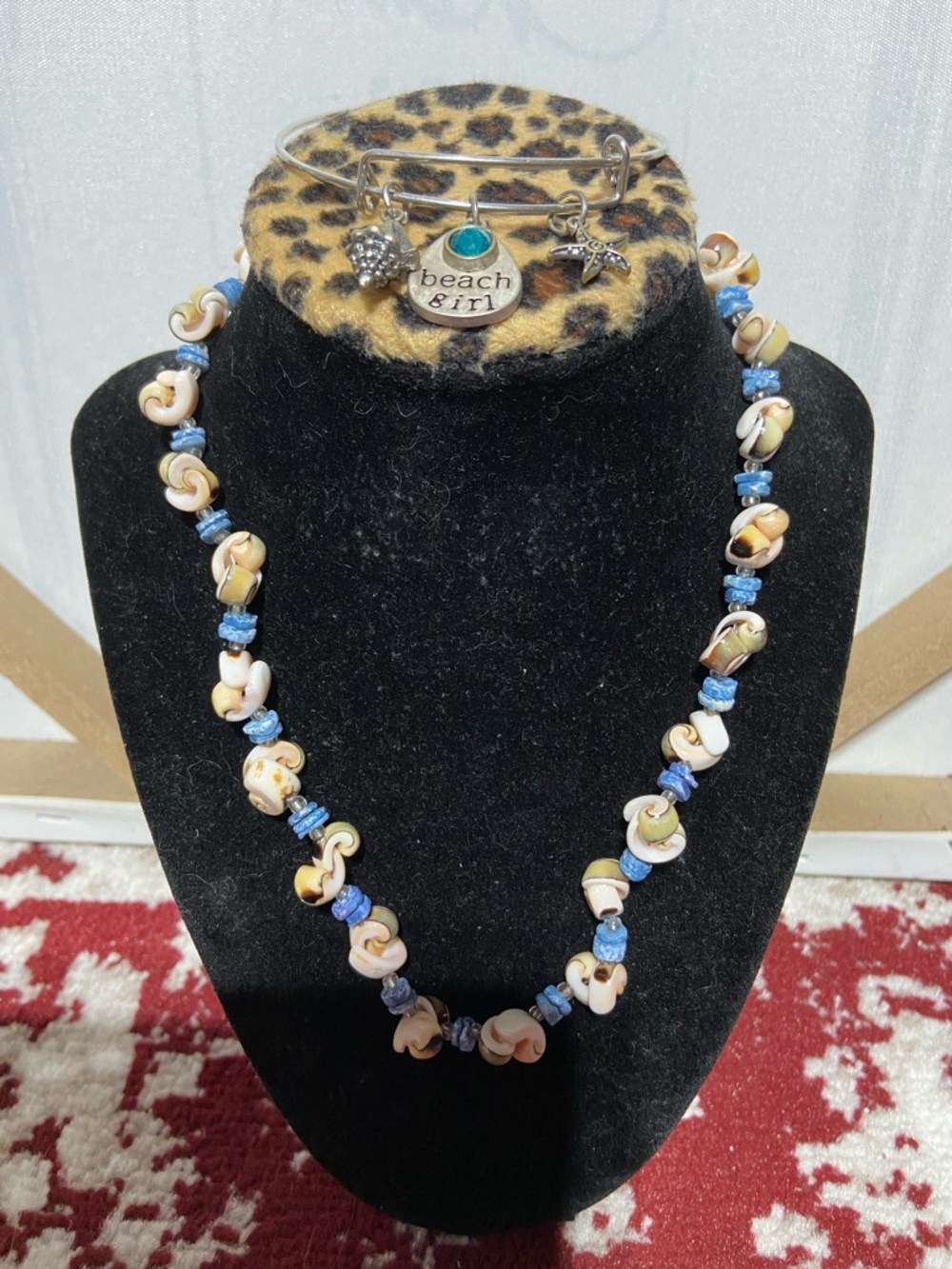 Beach Blue Bead & Cream Shell Necklace with Charm Bracelet